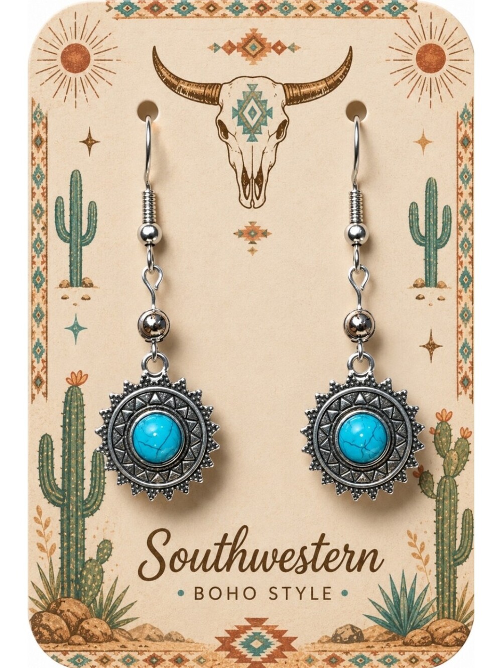 Southwestern Boho Chic Sunburst Turquoise Silver Hypoallergenic Earrings